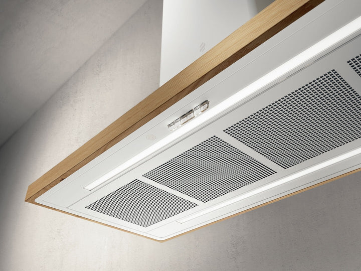 Hotă Albă/ Sticlă/Stejar natural Bio Island Montaj Pe Tavan 120 x 53cm WH/A/120X53 Rovere, Elica