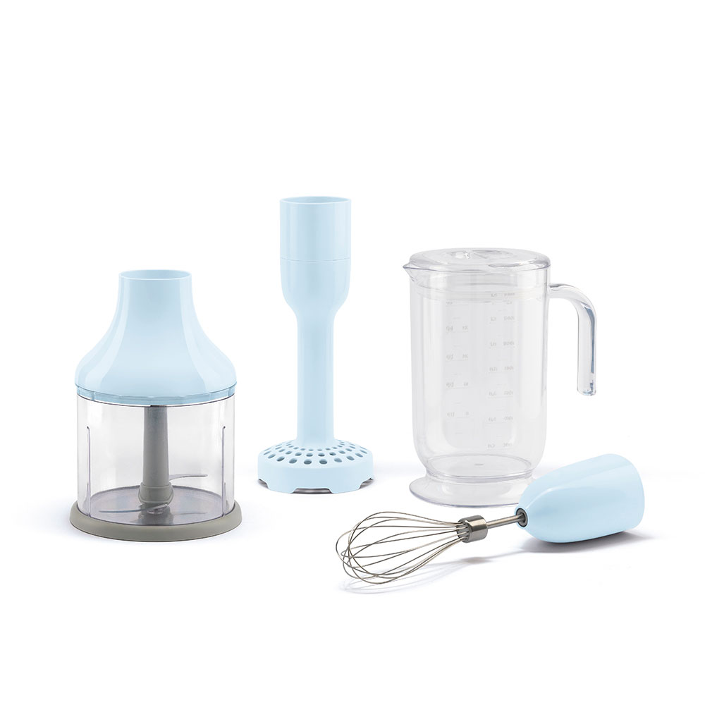 Set de 4 accesorii albastru pastel pentru blender de mana, HBAC11PB, Smeg