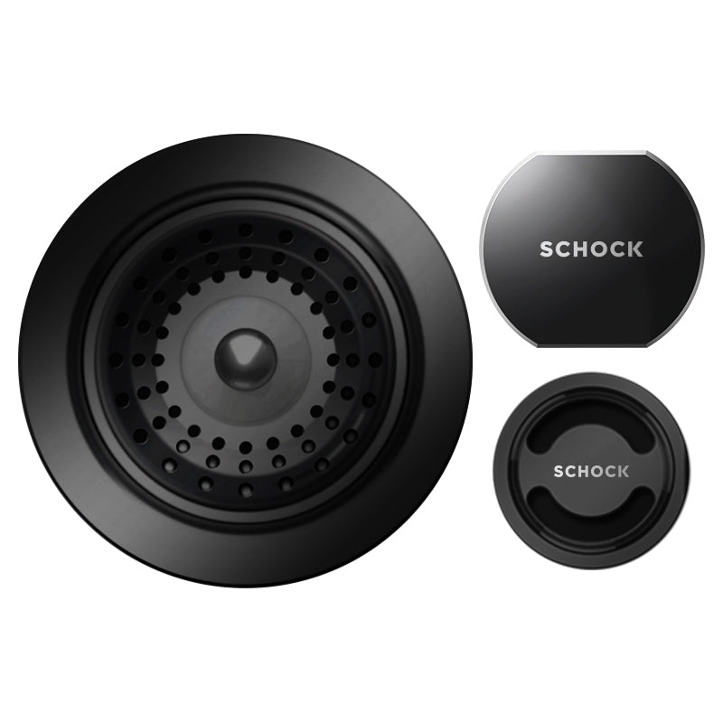 Set chiuveta bucatarie Schock Mono N-100S 490 x 510 mm Cristadur Puro, negru intens cu parti vizibile si baterie bucatarie Schock Kavus cu cap extractibil Puro
