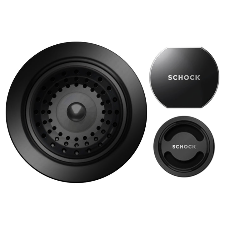 Set chiuveta bucatarie Schock Mono N-100S 490 x 510 mm Cristadur Puro, negru intens cu parti vizibile si baterie bucatarie Schock Kavus cu cap extractibil Puro
