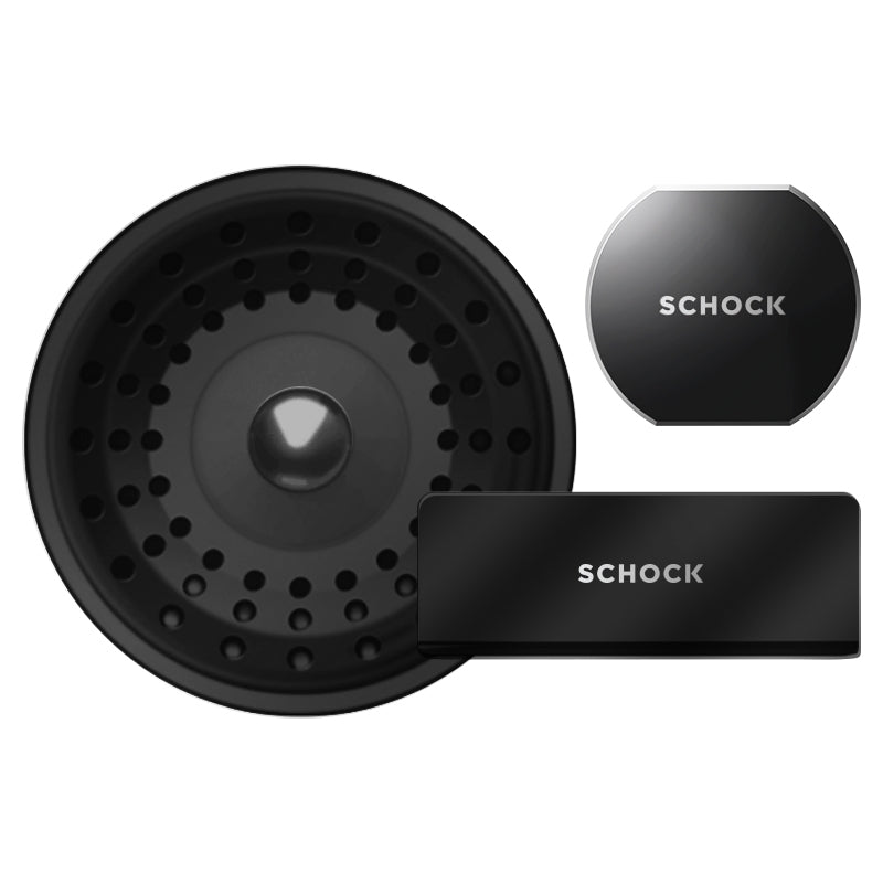 Set chiuveta bucatarie Schock Tia D-100LS 780 x 500 mm Cristadur Puro, negru intens cu parti vizibile si baterie bucatarie Schock Kavus cu cap extractibil Puro