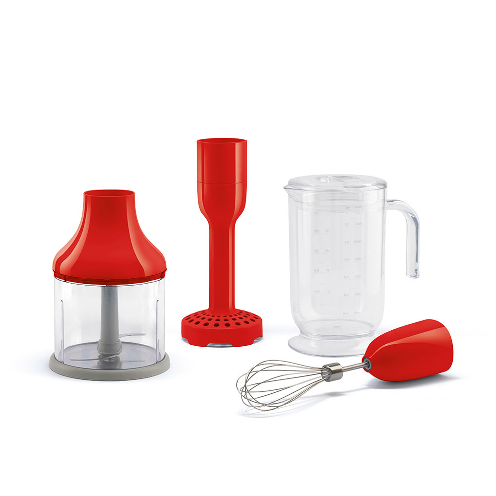 Set de 4 accesorii rosii pentru blender de mana, HBAC11RD, Smeg