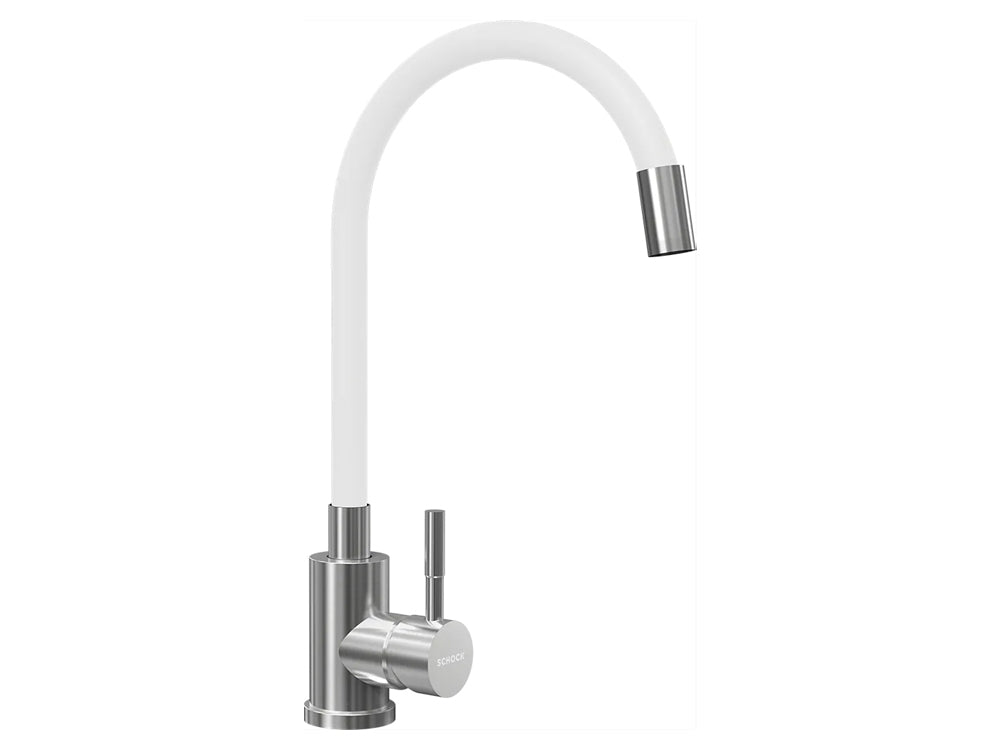 Set chiuveta bucatarie Schock Manhattan R-100 470 x 490 mm Alpina si baterie bucatarie Schock Flora inox periat cu pipa flexibila, alb