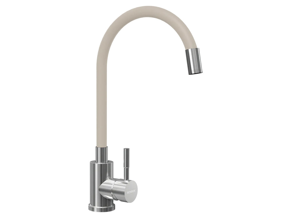Set chiuveta bucatarie Schock Manhattan R-100 470 x 490 mm Sabbia si baterie bucatarie Schock Flora inox periat cu pipa flexibila, nisip