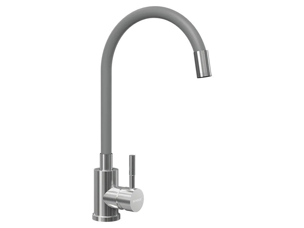 Set chiuveta bucatarie Schock Manhattan R-100 470 x 490 mm Croma si baterie bucatarie Schock Flora inox periat cu pipa flexibila, gri