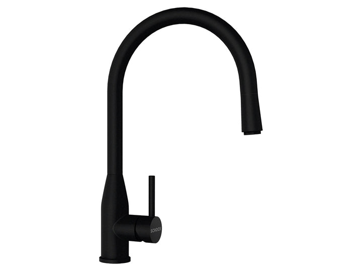 Set chiuveta bucatarie Schock Mono N-100 570 x 510 mm Cristadur Puro, negru intens cu parti vizibile si baterie bucatarie Schock Kavus cu cap extractibil Puro