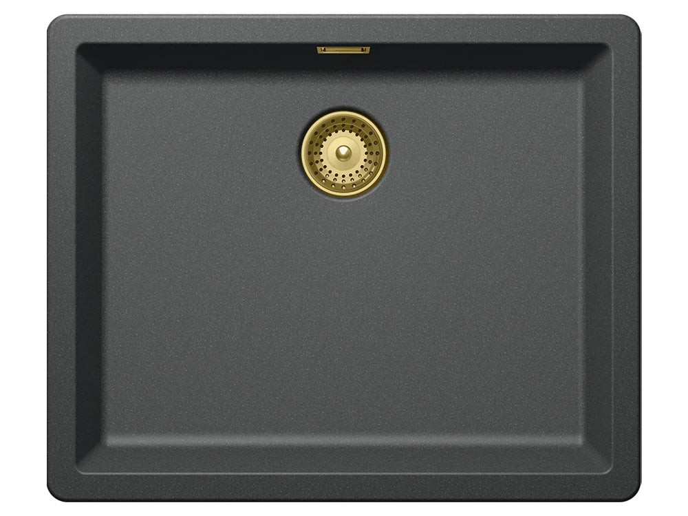 Set chiuveta bucatarie Schock Brooklyn N-100L 556 x 456 mm Cristalite Roca, gri inchis-auriu cu baterie bucatarie Schock Kavus cu cap extractibil si parti vizibile White Gold