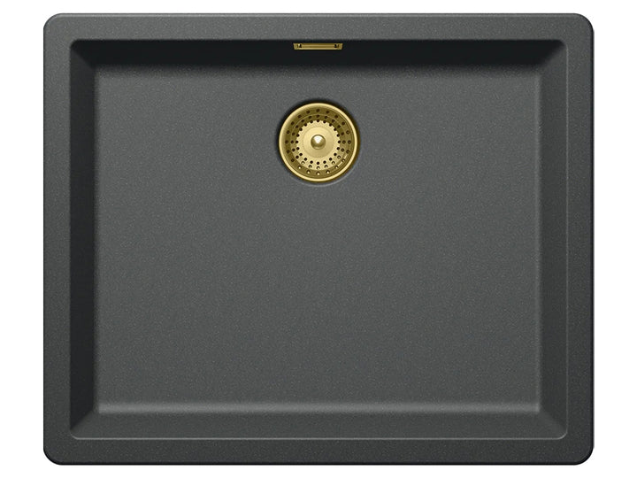 Set chiuveta bucatarie Schock Brooklyn N-100L 556 x 456 mm Cristalite Roca, gri inchis-auriu cu baterie bucatarie Schock Kavus cu cap extractibil si parti vizibile White Gold