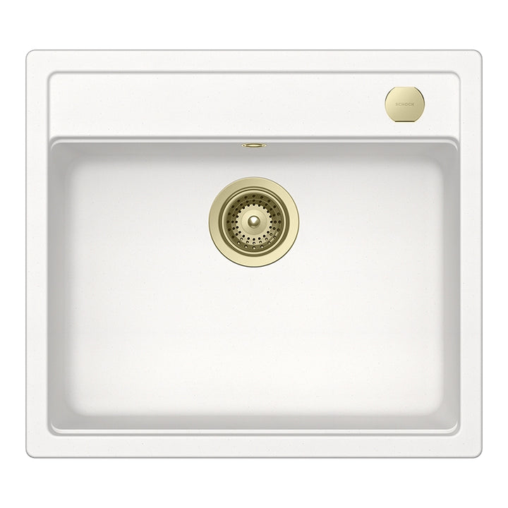 Set chiuveta bucatarie Schock Mono N-100 570 x 510 mm Cristadur Polaris, alb polar cu baterie bucatarie Schock Kavus cu cap extractibil si parti vizibile White Gold
