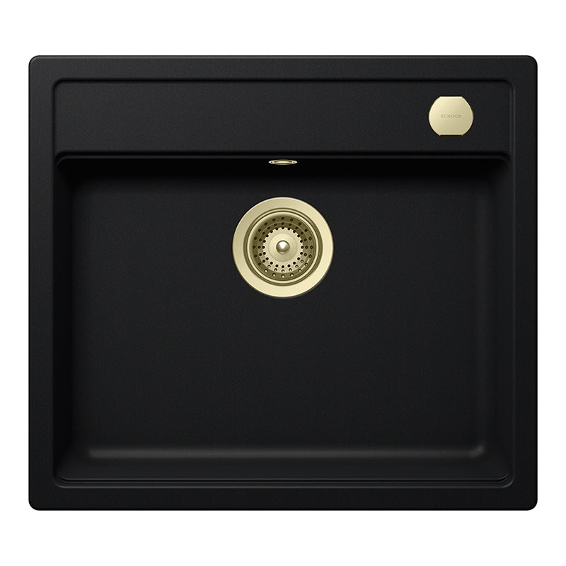 Set chiuveta bucatarie Schock Mono N-100 570 x 510 mm Cristadur Puro, negru intens cu parti vizibile si baterie bucatarie Schock Kavus cu cap extractibil White Gold