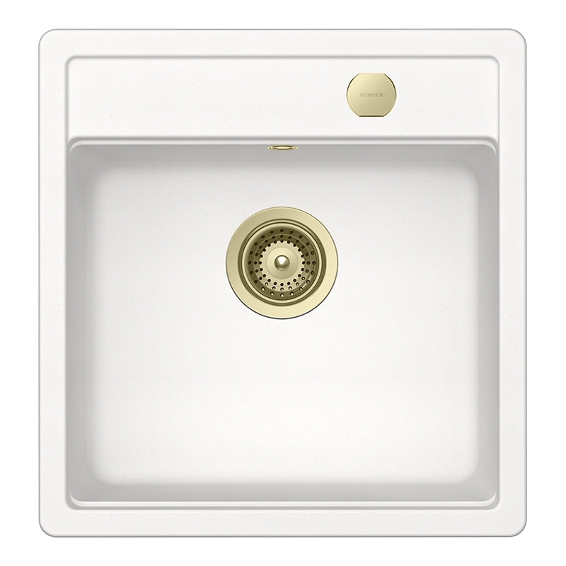 Set chiuveta bucatarie Schock Mono N-100S 490 x 510 mm Cristadur Polaris, alb polar cu parti vizibile si baterie bucatarie Schock Kavus cu cap extractibil White Gold