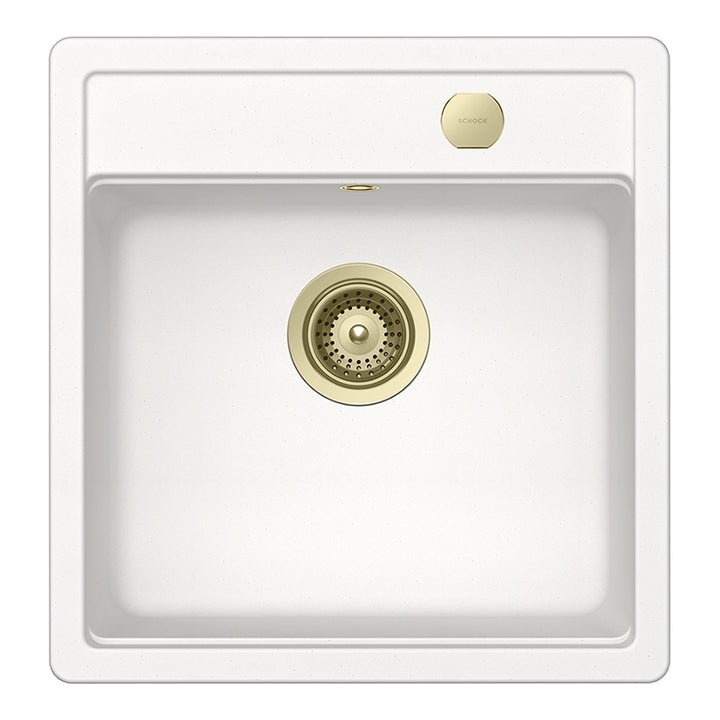 Set chiuveta bucatarie Schock Mono N-100S 490 x 510 mm Cristadur Polaris, alb polar cu parti vizibile si baterie bucatarie Schock Kavus cu cap extractibil White Gold