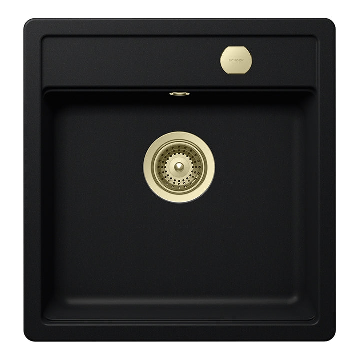 Set chiuveta bucatarie Schock Mono N-100S 490 x 510 mm Cristadur Puro, negru intens cu parti vizibile si baterie bucatarie Schock Kavus cu cap extractibil White Gold