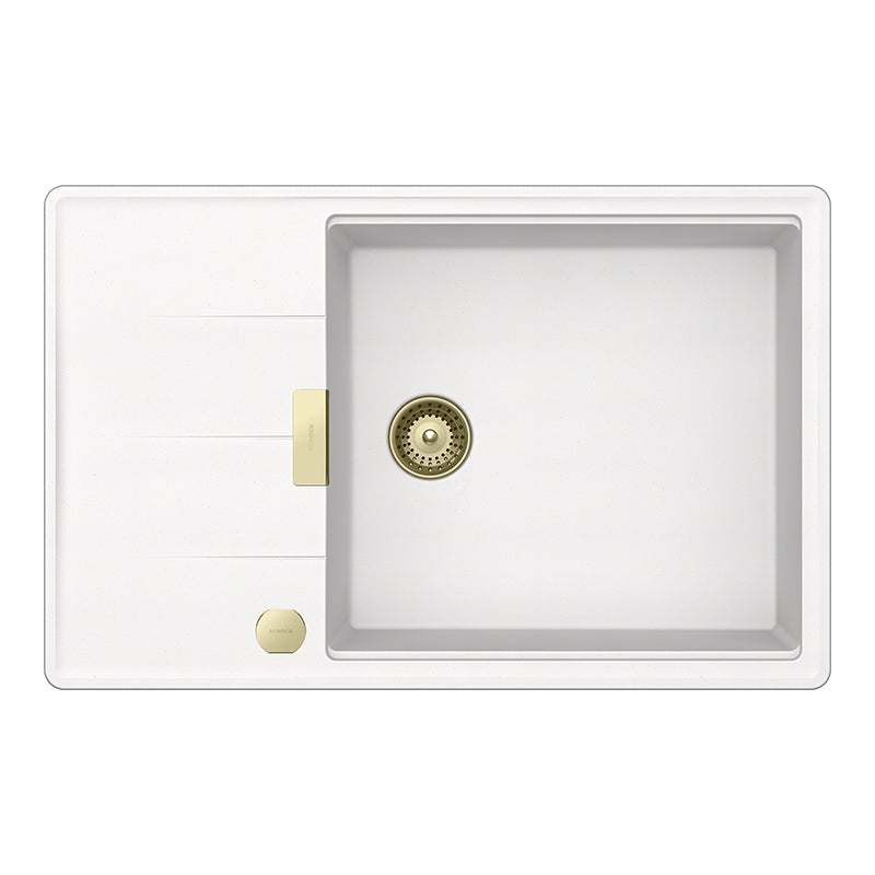 Set chiuveta bucatarie Schock Tia D-100LS 780 x 500 mm Cristadur Polaris, alb polar cu parti vizibile si baterie bucatarie Schock Kavus cu cap extractibil White Gold