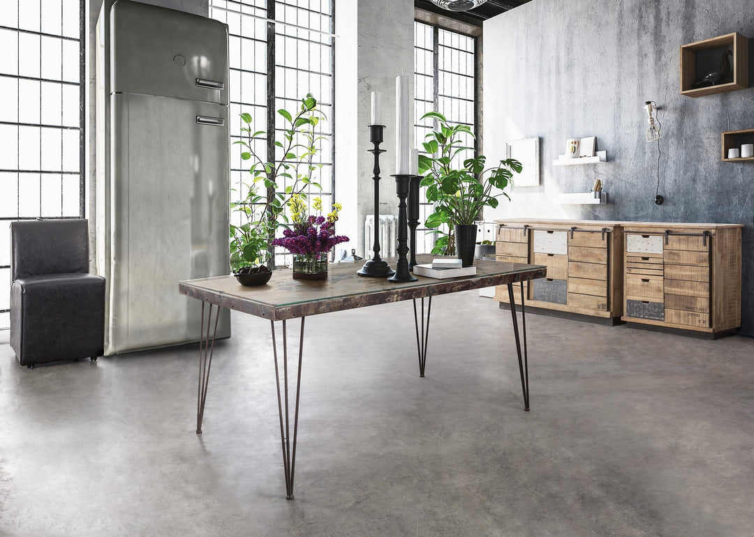 Masă Dining Industrială Cu Blat Din Sticlă Și Decor Cement, Atlantide Bizzotto - Imagine 8