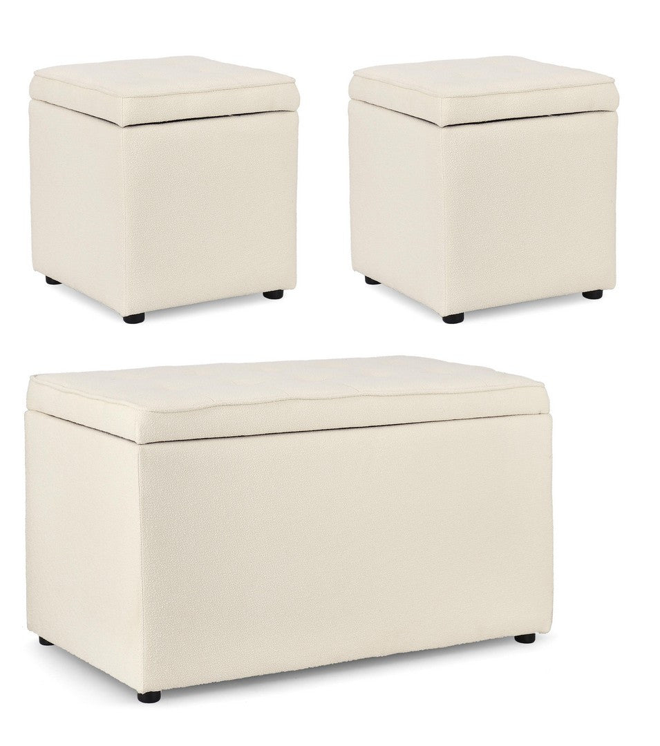 Set Pouf Și Bancă Tapițată Boucle Alb, Derrick Bizzotto - Imagine 1