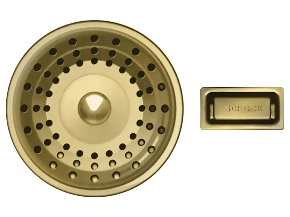 Set chiuveta bucatarie Schock Brooklyn N-100L 556 x 456 mm Cristalite Roca, gri inchis-auriu cu baterie bucatarie Schock Kavus cu cap extractibil si parti vizibile White Gold