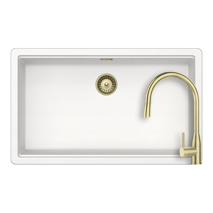 Set chiuveta bucatarie Schock Greenwich N-100XL 750 x 456 mm Cristadur Polaris, alb polar cu parti vizibile si baterie bucatarie Schock Kavus cu cap extractibil White Gold