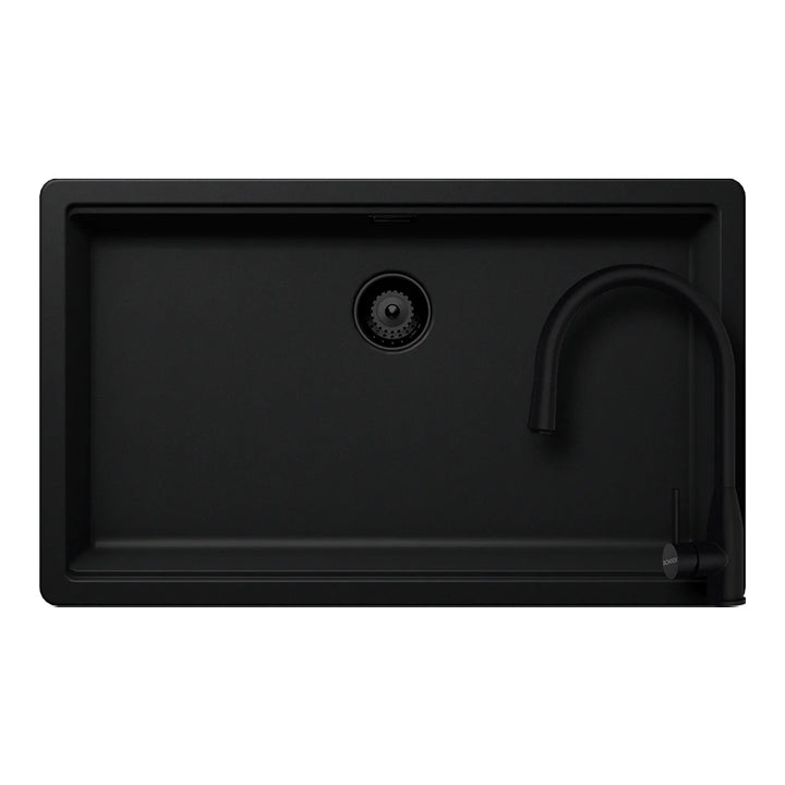 Set chiuveta bucatarie Schock Greenwich N-100XL 750 x 456 mm Cristadur Puro, negru intens cu parti vizibile si baterie bucatarie Schock Kavus cu cap extractibil Puro