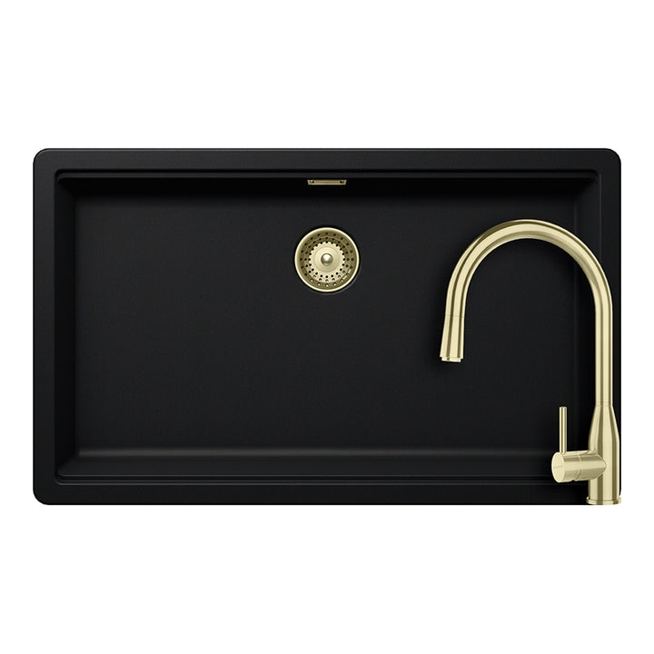Set chiuveta bucatarie Schock Greenwich N-100XL 750 x 456 mm Cristadur Puro, negru intens cu parti vizibile si baterie bucatarie Schock Kavus cu cap extractibil White Gold