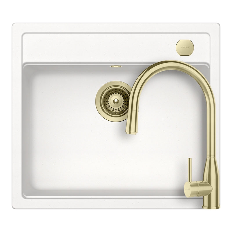 Set chiuveta bucatarie Schock Mono N-100 570 x 510 mm Cristadur Polaris, alb polar cu baterie bucatarie Schock Kavus cu cap extractibil si parti vizibile White Gold