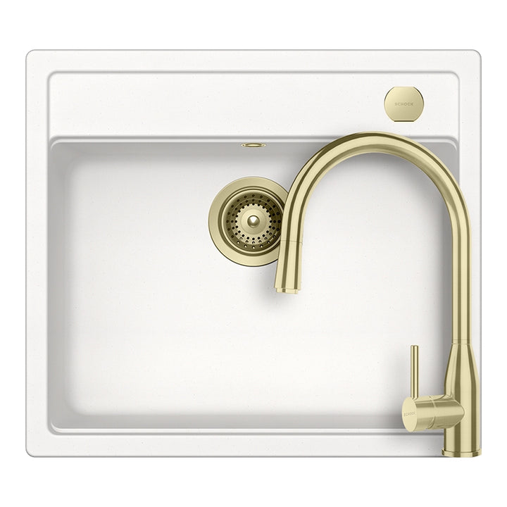 Set chiuveta bucatarie Schock Mono N-100 570 x 510 mm Cristadur Polaris, alb polar cu baterie bucatarie Schock Kavus cu cap extractibil si parti vizibile White Gold
