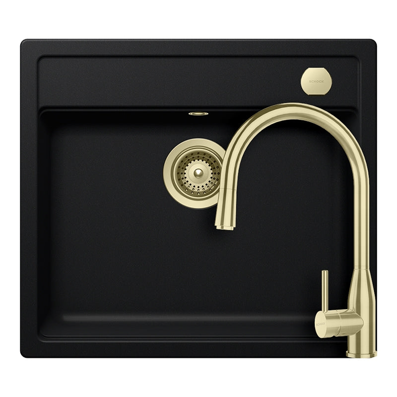 Set chiuveta bucatarie Schock Mono N-100 570 x 510 mm Cristadur Puro, negru intens cu parti vizibile si baterie bucatarie Schock Kavus cu cap extractibil White Gold