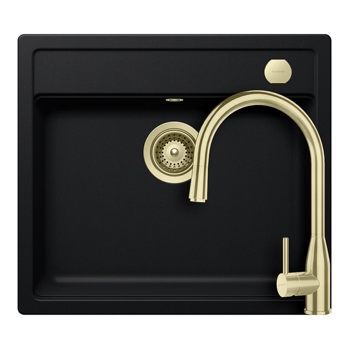 Set chiuveta bucatarie Schock Mono N-100 570 x 510 mm Cristadur Puro, negru intens cu parti vizibile si baterie bucatarie Schock Kavus cu cap extractibil White Gold