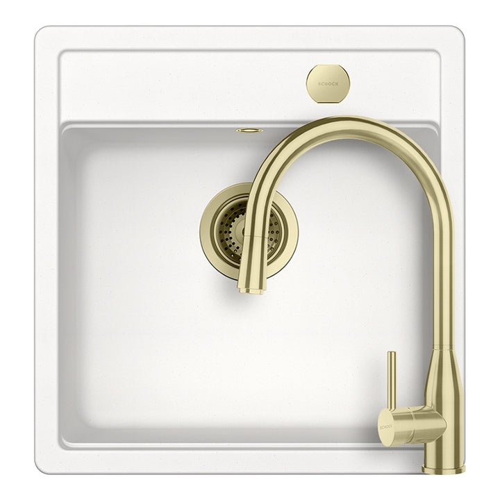 Set chiuveta bucatarie Schock Mono N-100S 490 x 510 mm Cristadur Polaris, alb polar cu parti vizibile si baterie bucatarie Schock Kavus cu cap extractibil White Gold