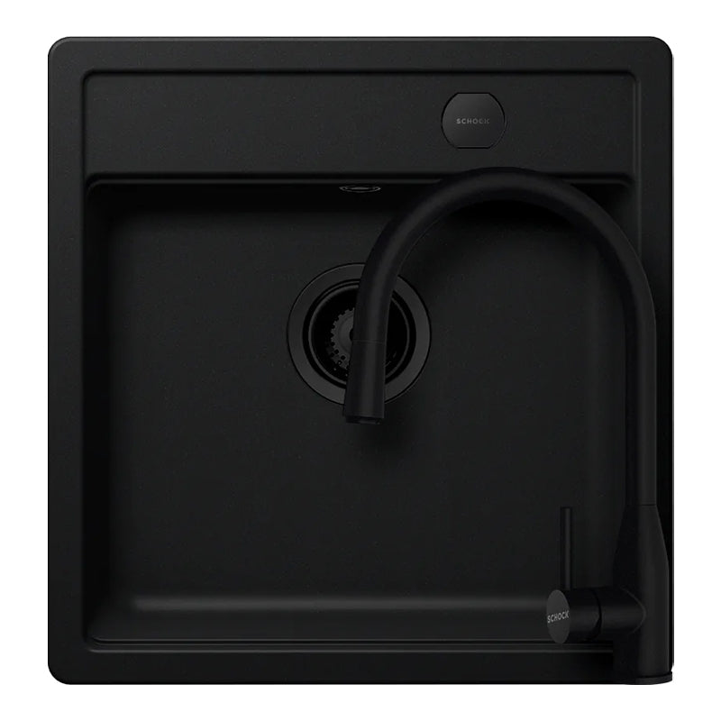 Set chiuveta bucatarie Schock Mono N-100S 490 x 510 mm Cristadur Puro, negru intens cu parti vizibile si baterie bucatarie Schock Kavus cu cap extractibil Puro