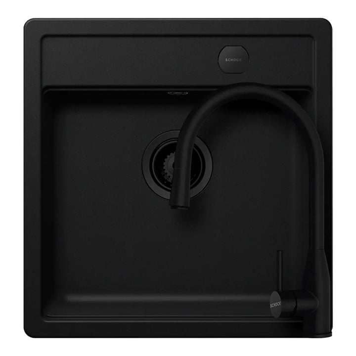 Set chiuveta bucatarie Schock Mono N-100S 490 x 510 mm Cristadur Puro, negru intens cu parti vizibile si baterie bucatarie Schock Kavus cu cap extractibil Puro