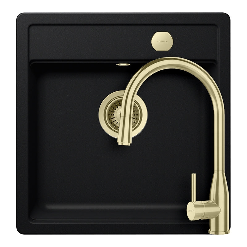 Set chiuveta bucatarie Schock Mono N-100S 490 x 510 mm Cristadur Puro, negru intens cu parti vizibile si baterie bucatarie Schock Kavus cu cap extractibil White Gold