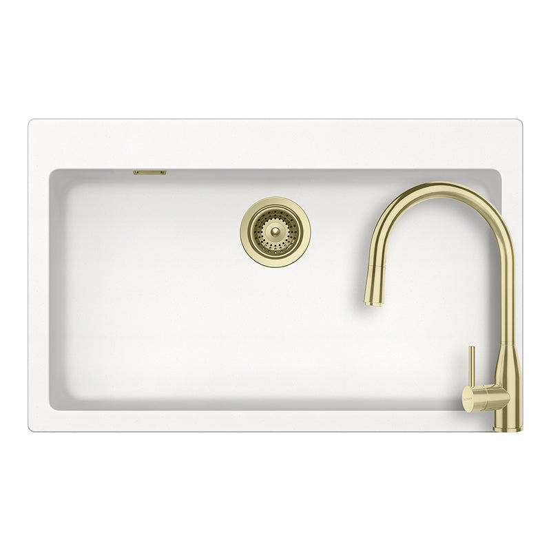 Set chiuveta bucatarie Schock Signus N-100XL 790 x 500 mm Cristadur Polaris, alb polar cu parti vizibile si baterie bucatarie Schock Kavus cu cap extractibil White Gold
