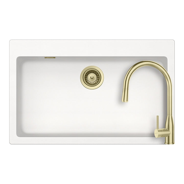 Set chiuveta bucatarie Schock Signus N-100XL 790 x 500 mm Cristadur Polaris, alb polar cu parti vizibile si baterie bucatarie Schock Kavus cu cap extractibil White Gold
