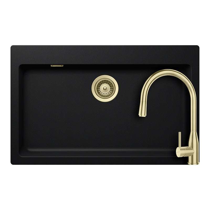Set chiuveta bucatarie Schock Signus N-100XL 790 x 500 mm Cristadur Puro, negru intens cu parti vizibile si baterie bucatarie Schock Kavus cu cap extractibil White Gold