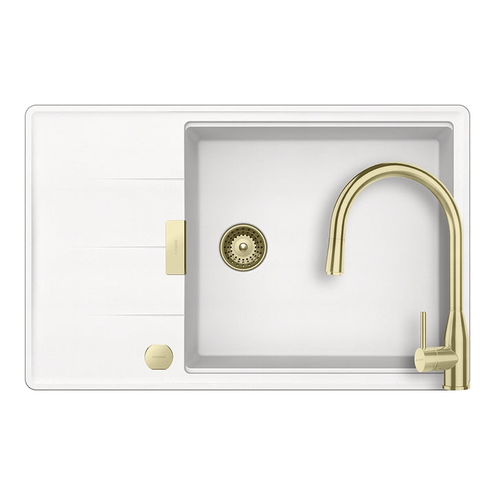 Set chiuveta bucatarie Schock Tia D-100LS 780 x 500 mm Cristadur Polaris, alb polar cu parti vizibile si baterie bucatarie Schock Kavus cu cap extractibil White Gold