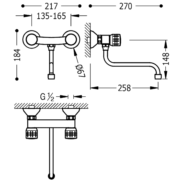 Baterie Lavoar Cu Montaj pe Perete Crom Dual Control Kitchen Taps Tres 123310