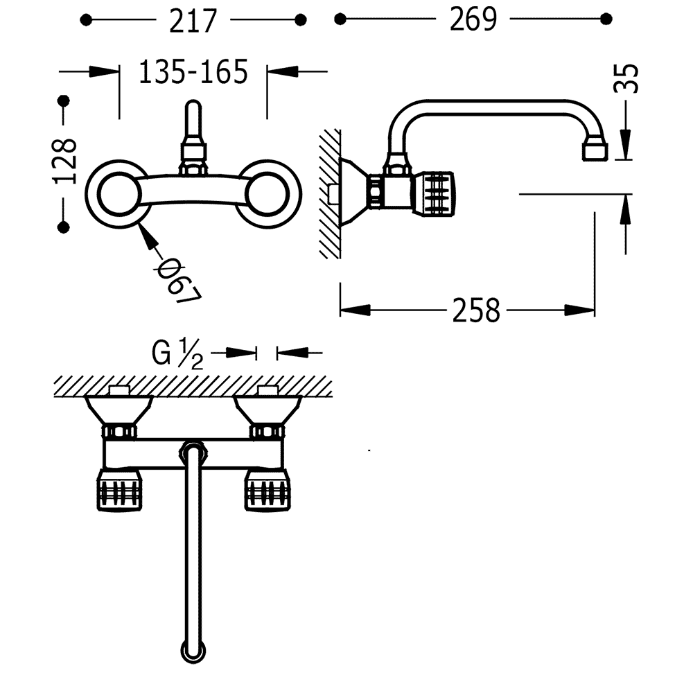 Baterie Lavoar Cu Montaj Pe Perete Pipă Lungă Crom Dual Control Kitchen Taps Tres 123315