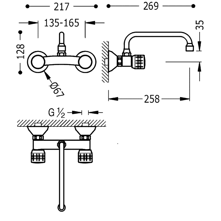 Baterie Lavoar Cu Montaj Pe Perete Pipă Lungă Crom Dual Control Kitchen Taps Tres 123315