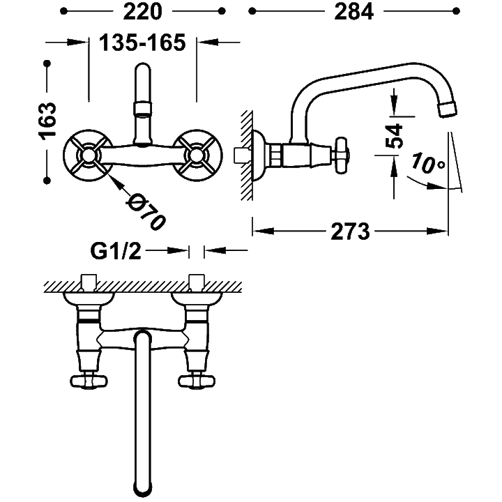 Baterie Lavoar Clasică Cu Montaj Pe Perete Alamă Dual Control Kitchen Taps Tres 24221501LV