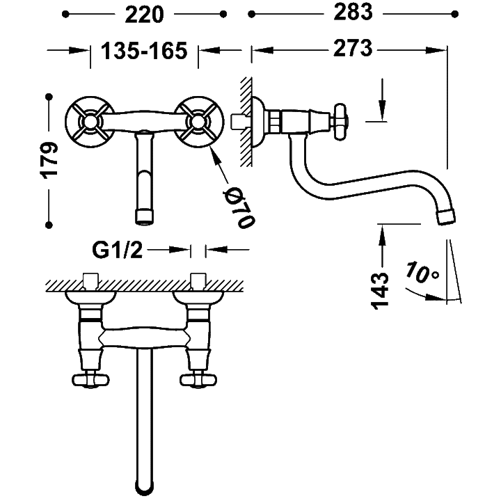 Baterie Lavoar Cu Montaj Pe Perete Auriu 24K Dual Control Kitchen Taps Tres 24231001OR