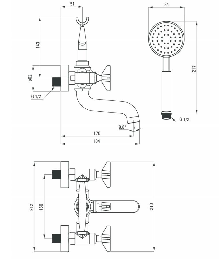 Temisto Baterie de baie cu set de duş cu montaj pe perete crom BQT_011D Deante