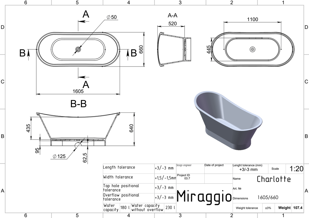 Cadă compozit freestanding Charlotte, Miraggio