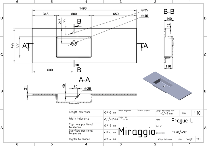 Lavoar pe blat Prague 1500 L, Miraggio